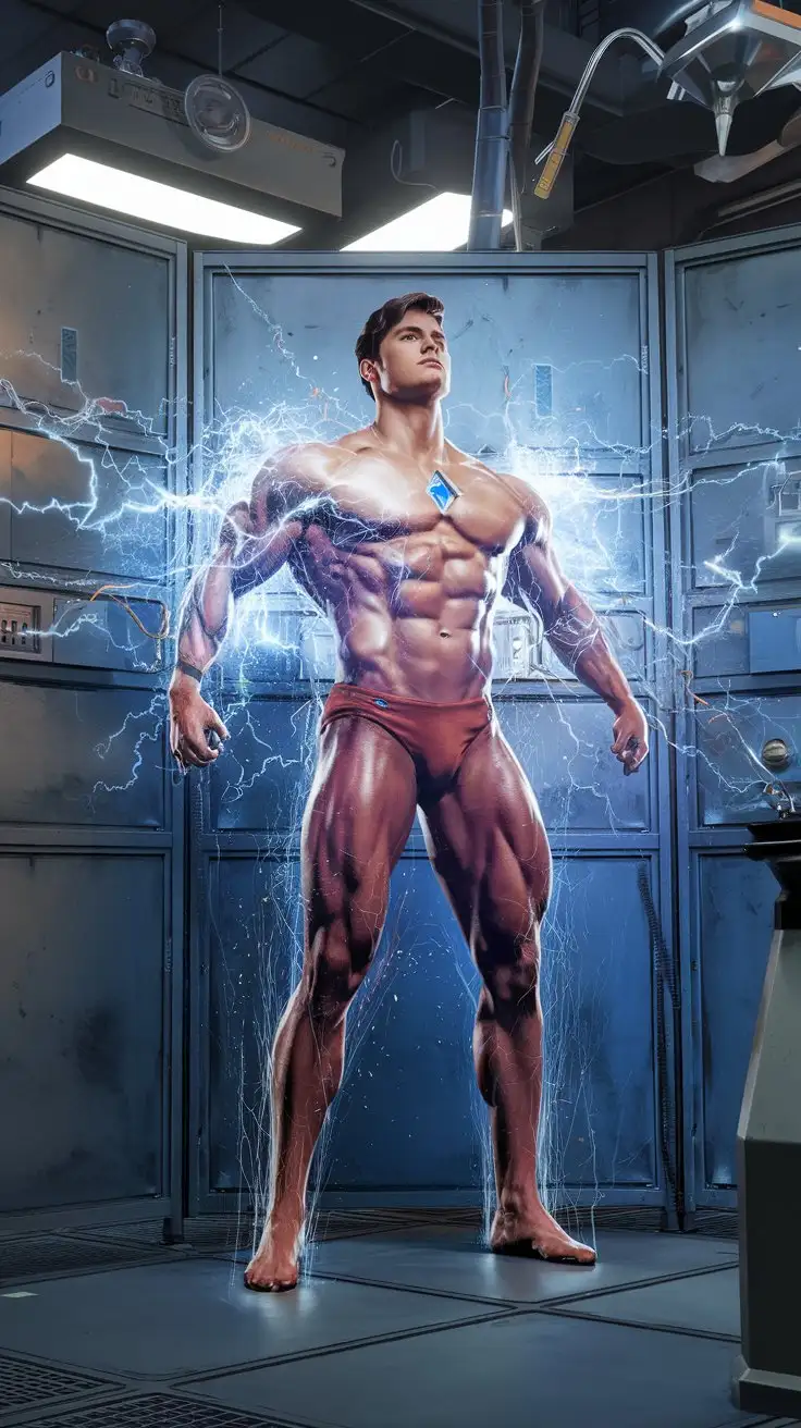 Bodybuilder-Transformed-into-Ultraman-by-Luminous-Radiation-in-Futuristic-Lab