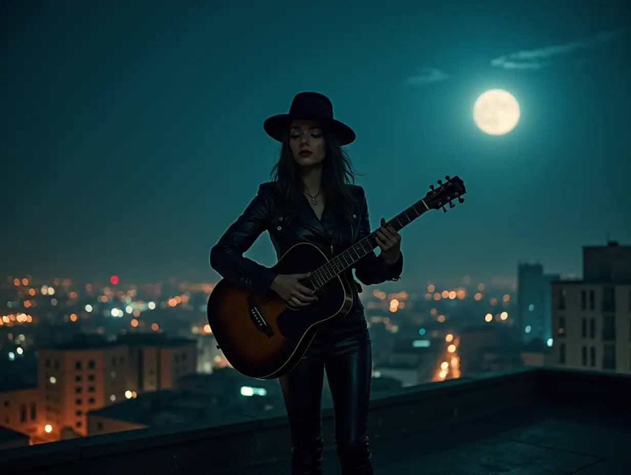 Steampunk-Diva-on-Rooftop-with-Guitar-Under-Full-Moon