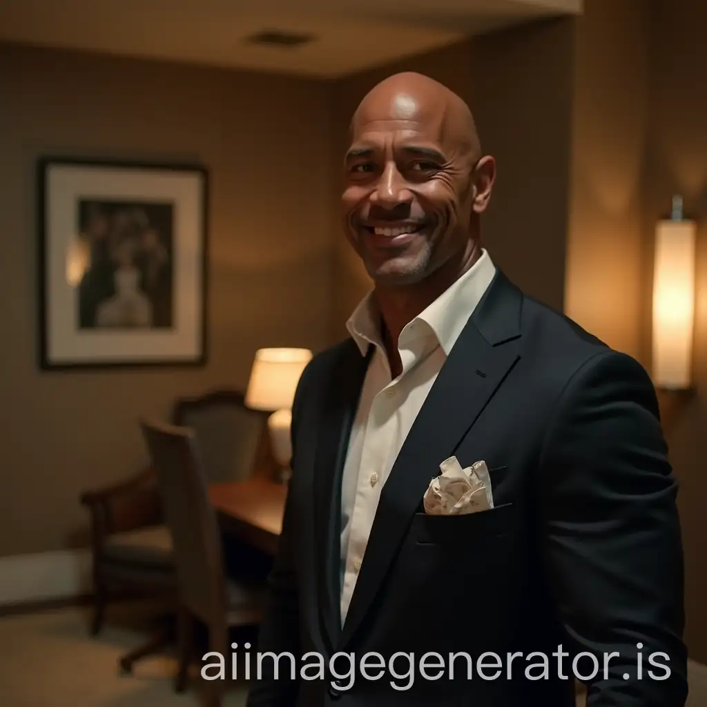 a guy hotel assistant in a luxourious hotel is making Dwayne Johnson pay 100$ for the hotel room