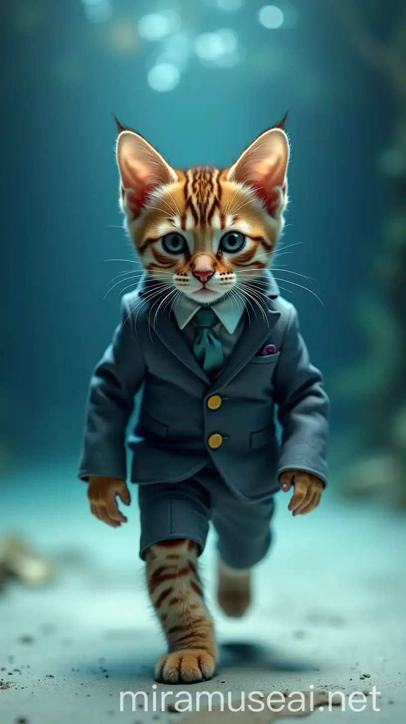 Stylish Bengal Kitten Strutting on Underwater Catwalk in Chic Suit