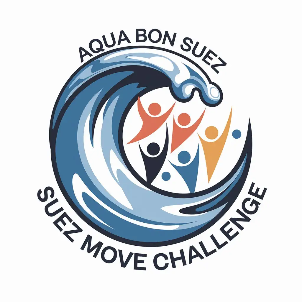 a vector logo design,with the text "Aqua Bon Suez, Suez move challenge", main symbol:Water, team of 4 people,Moderate,be used in Sports Fitness industry,clear background