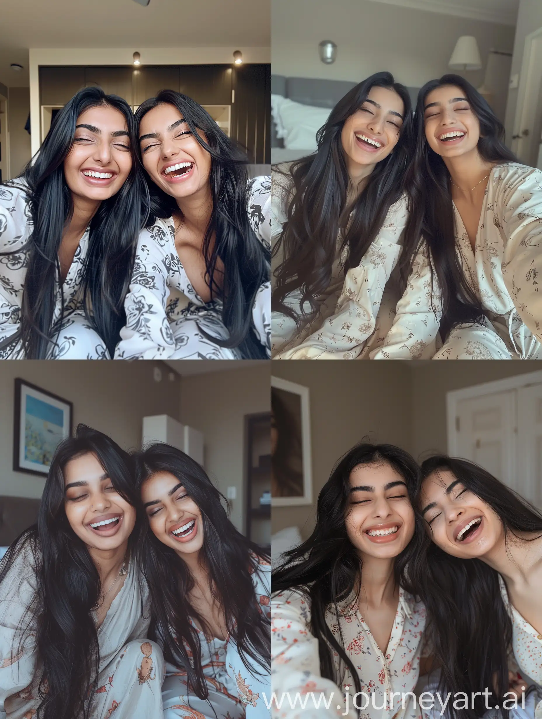 Two-British-Pakistani-Girls-Laughing-and-Taking-Selfie-in-Pajamas