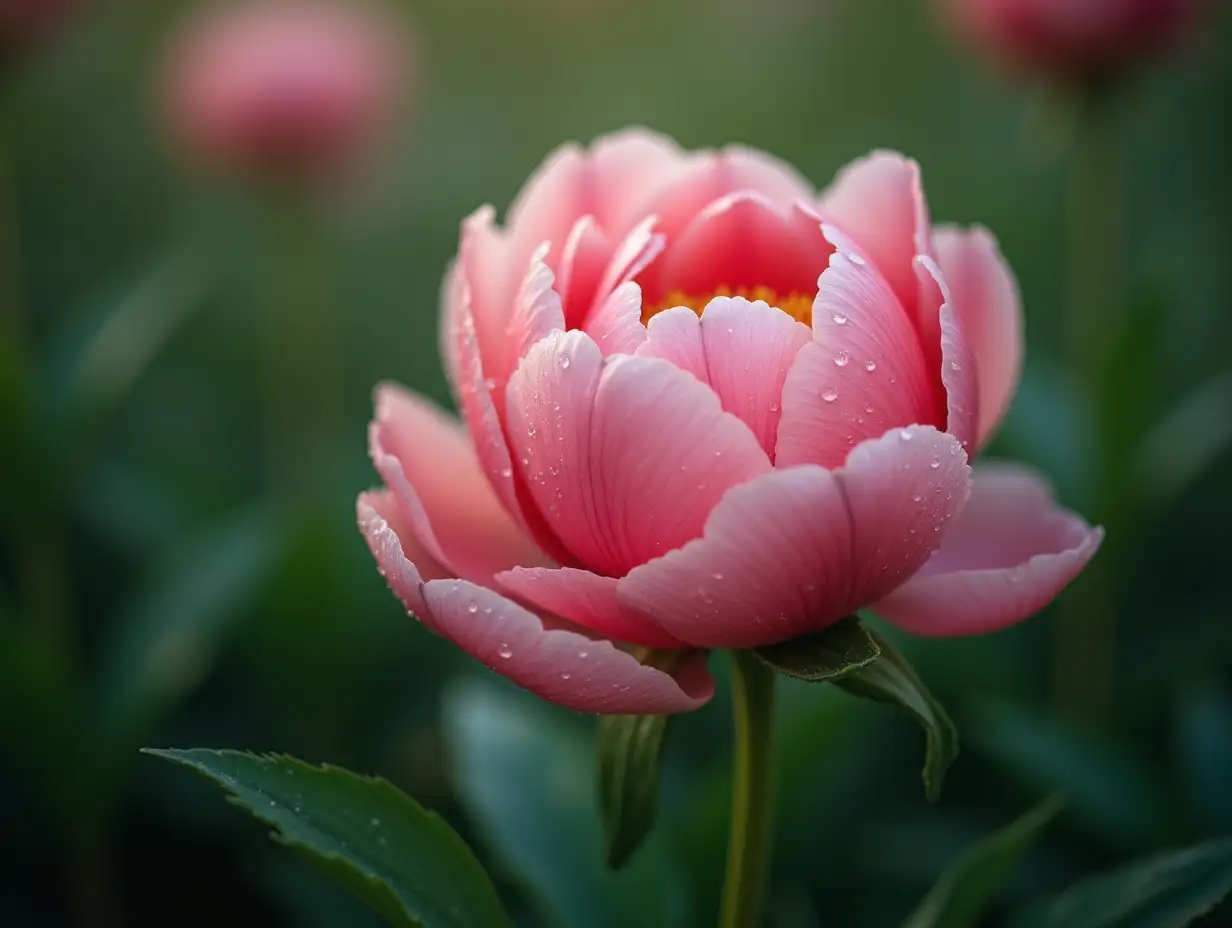 peony in close up with dewdrops of morning dew