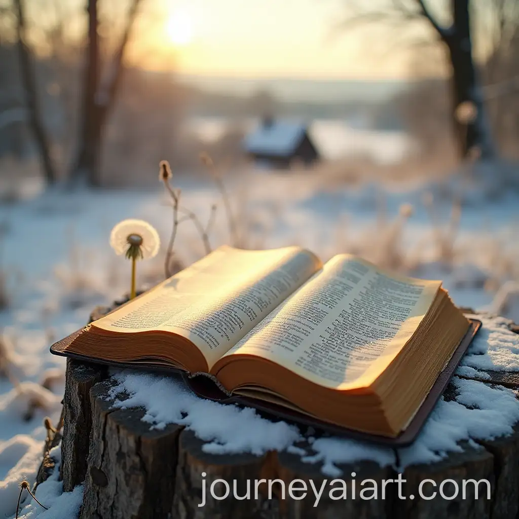 Bible-on-a-Tree-Trunk-in-Snowy-Village-Landscape-with-Dandelion-and-Golden-Sunlight