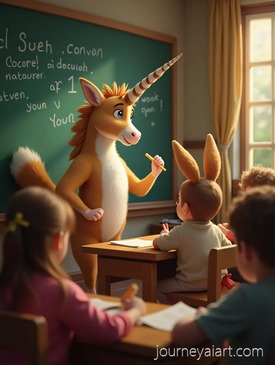 Photorealistic-Unicorn-Teacher-Teaching-Corgi-Students-in-Sunlit-Classroom