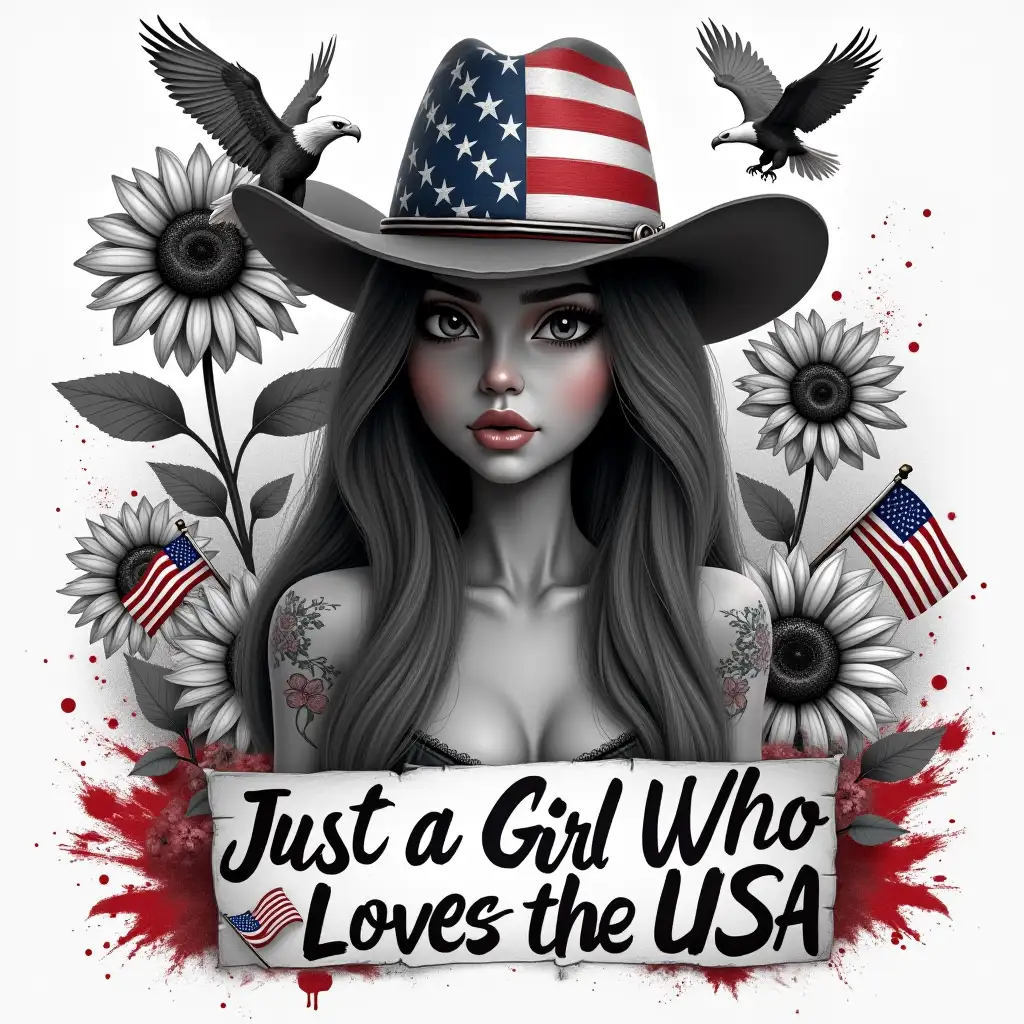 A grayscale tattooed woman wearing a patriotic American flag cowboy hat, partially hiding her face. Surrounding her are detailed black-and-white sunflowers with realistic textures, accented by vibrant red, white, and blue paint splashes. Small American flags and an eagle soaring in the background emphasize the USA theme. The phrase 'Just a Girl Who Loves the USA' is styled in a mix of elegant script and bold typography. 3D illustrated animation