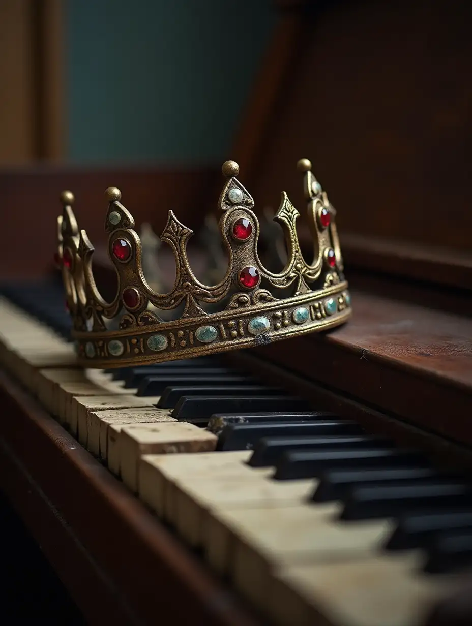 A broken piano with royal crown on it.