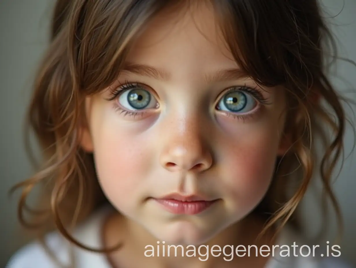 little girl with very big and protruding eyes crosses the pupils of her eyes rotating them towards the top of the nose