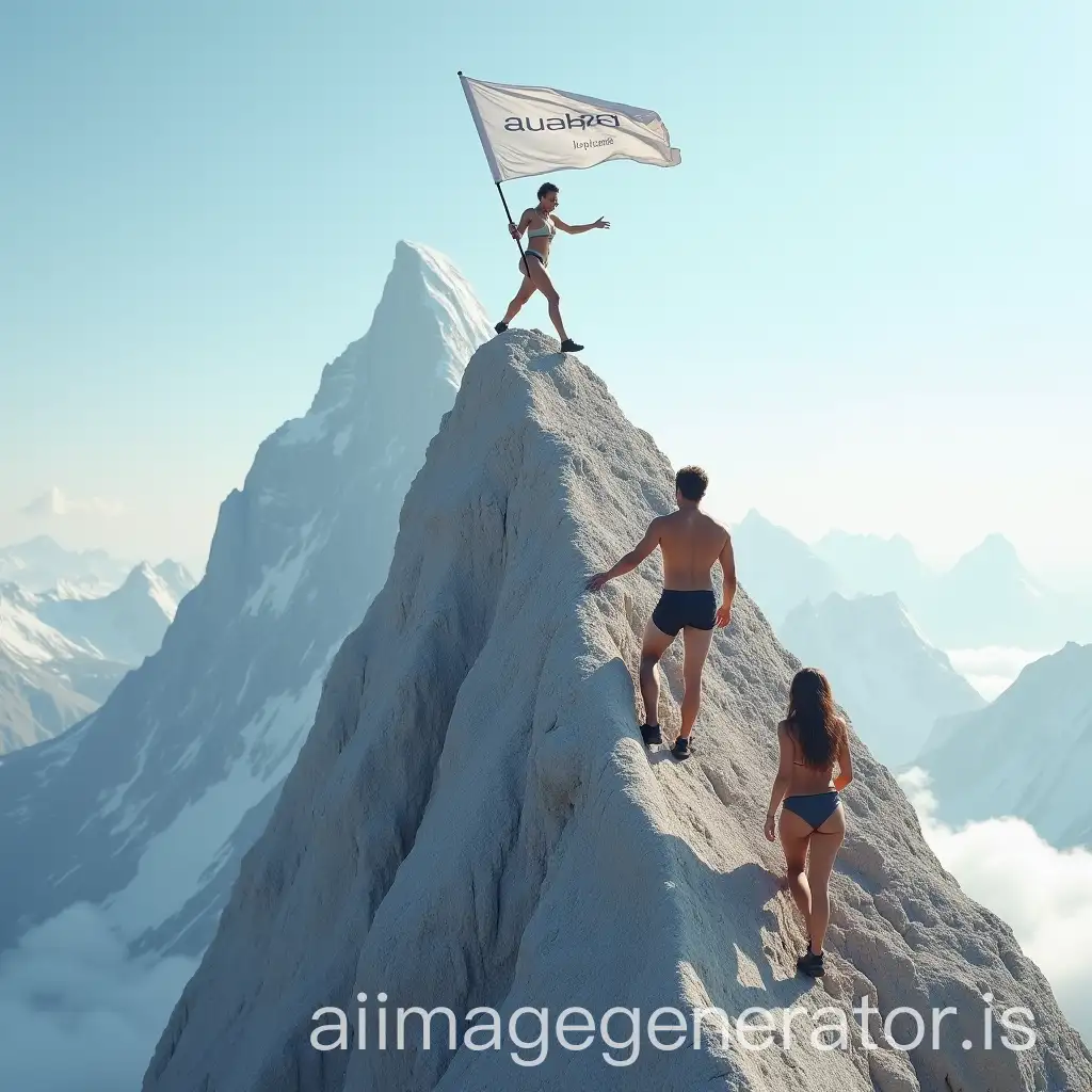 Couple-Climbing-Mountain-in-Aubade-Lingerie-with-White-Flag-at-Summit