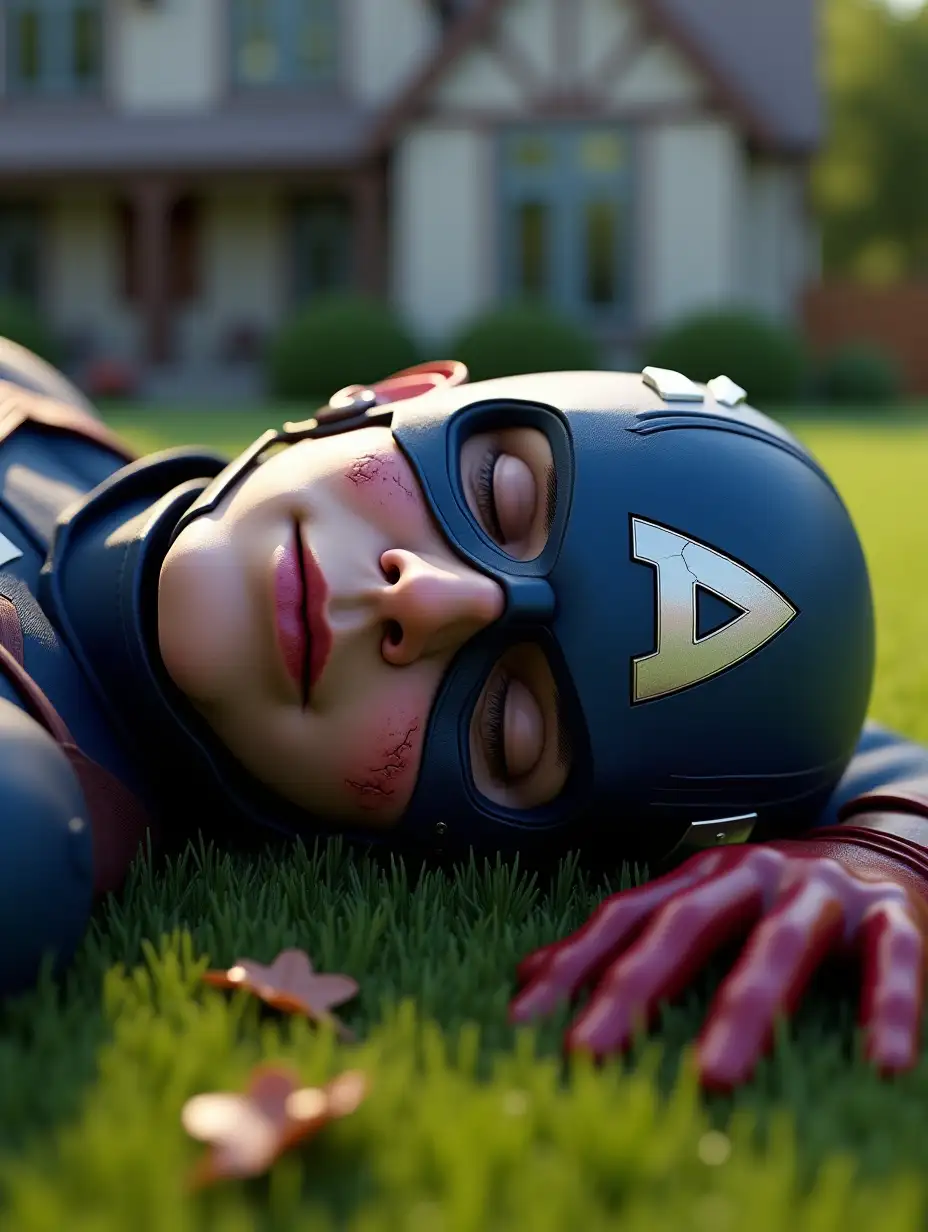 A hyper-realistic 3D render in 4K of Captain America lying unconscious on a lush green lawn in front of a detailed suburban house. His blue helmet, marked with the iconic 'A,' has visible cracks and battle damage, with fine cracks extending across the surface. His face, partially exposed, has minor injuries, including bloodstained cracks and bruises, showing the aftermath of an intense battle. His red-gloved hand is resting on the grass with fallen leaves around him. The environment is highly detailed, with realistic textures on the grass, subtle reflections on the metallic parts of the helmet, and soft lighting casting natural shadows. The overall tone captures a dramatic and emotional moment in the aftermath of a superhero battle.