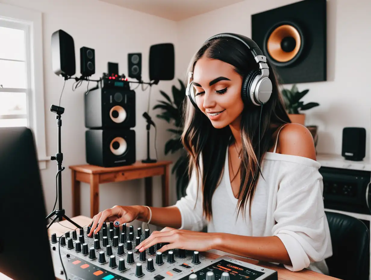 Instagram Model Podcaster Using Audio Mixer at Home