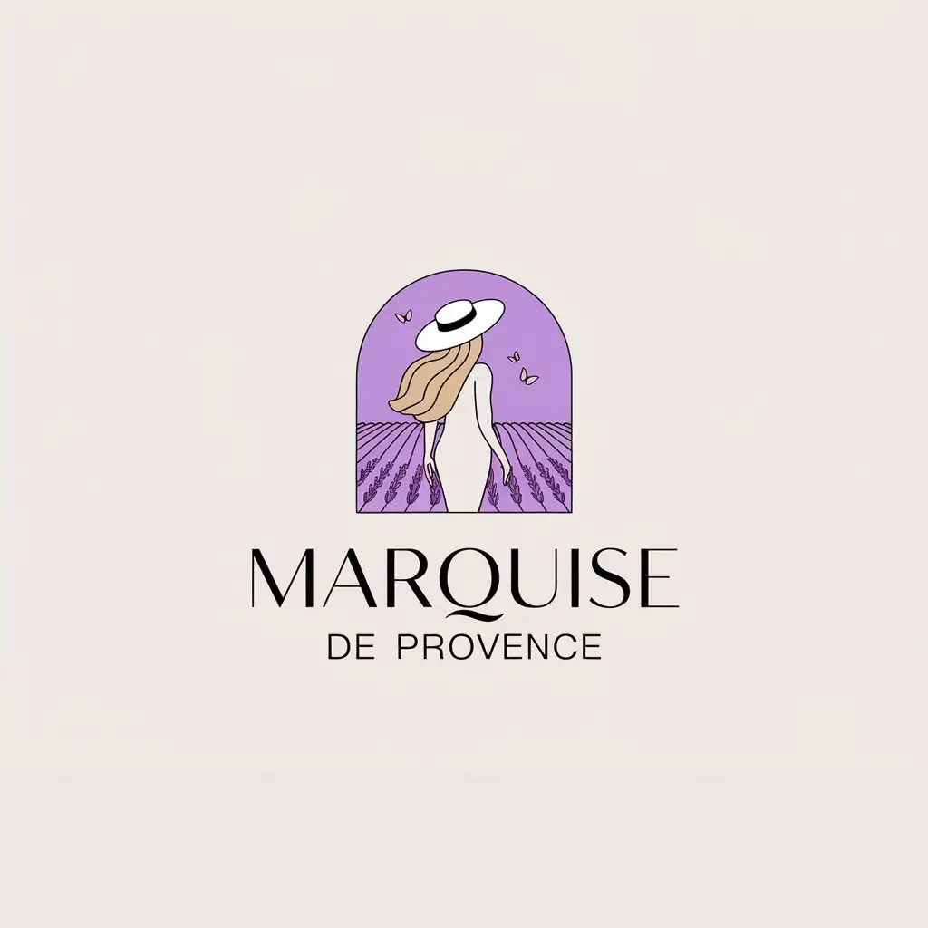 LOGO-Design-for-Marquise-de-Provence-Woman-with-Blonde-Hair-and-Hat-on-Lavender-Field-with-Butterflies