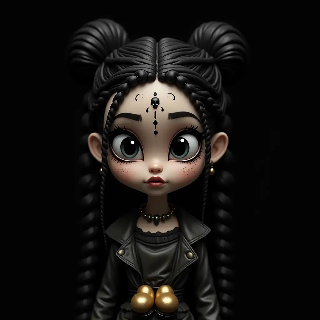 Princess black and white mixed braids white freckles with necklace of black skulls,with golden shoes black background portrait 75mm