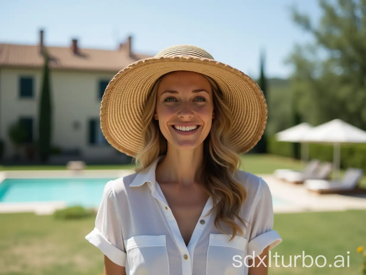 Smiling-Woman-in-Lunghi-with-Tuscany-House-and-Pool-Background