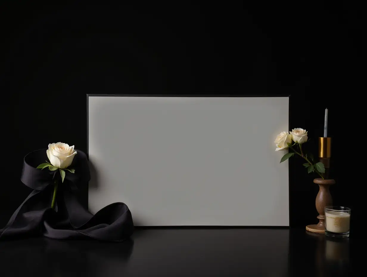 Funeral-themed photo display featuring ribbon, white rose, and candle on dark surface with black backdrop. Design space available