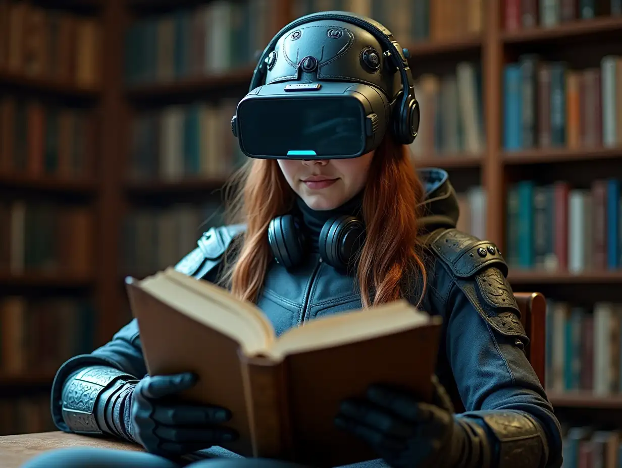a 17 year old woman from the future overloaded with technologies, vastly covered, sitting in an old-fashioned library, lots of books in background, she is reading an ancient book through vr goggles, wearing high-tech clothes with integrated sensors and glowing lights, helmet with headphones, large ergonomic display on forearm, gloves, incredible wearable hardware