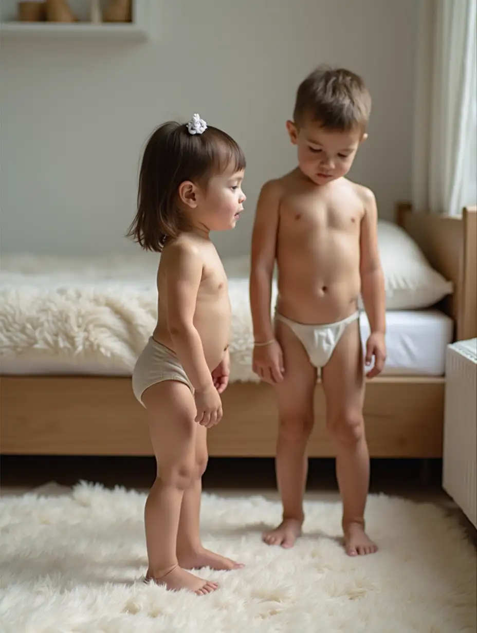 Skinny-Girl-and-Boy-in-Playroom-with-Fluffy-Bed-Pillows