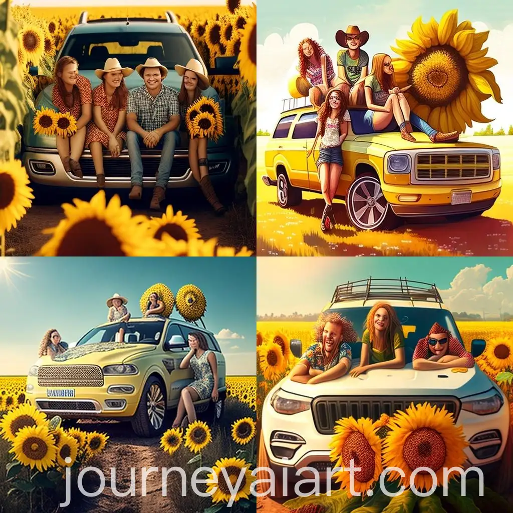 American-Country-Style-Group-Poses-Cheerfully-by-Dodge-Durango-Car-with-Sunflowers