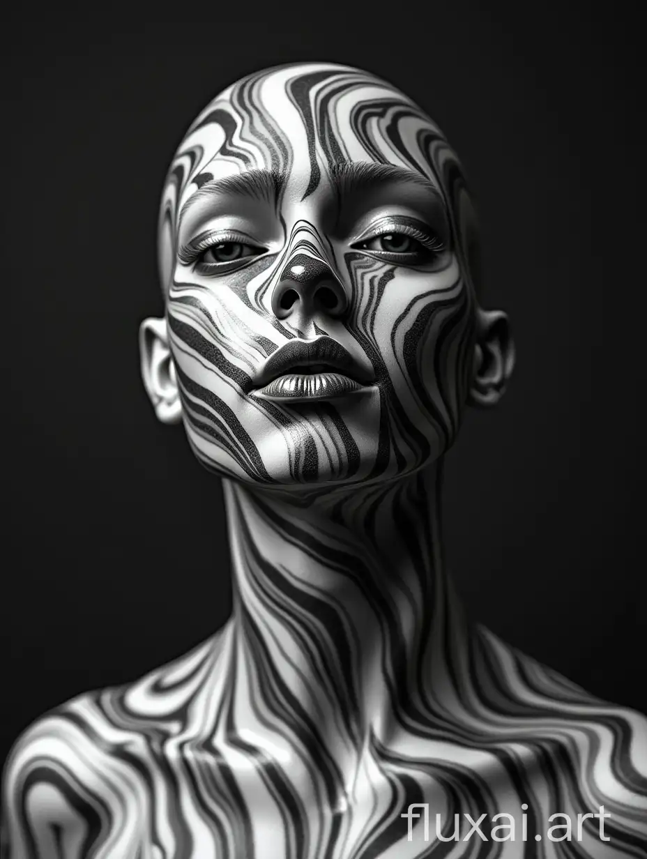 a black and white photo of a person with a body painted black and white with swirls and waves, marble, psychedelic art, Android Jones, a marble sculpture