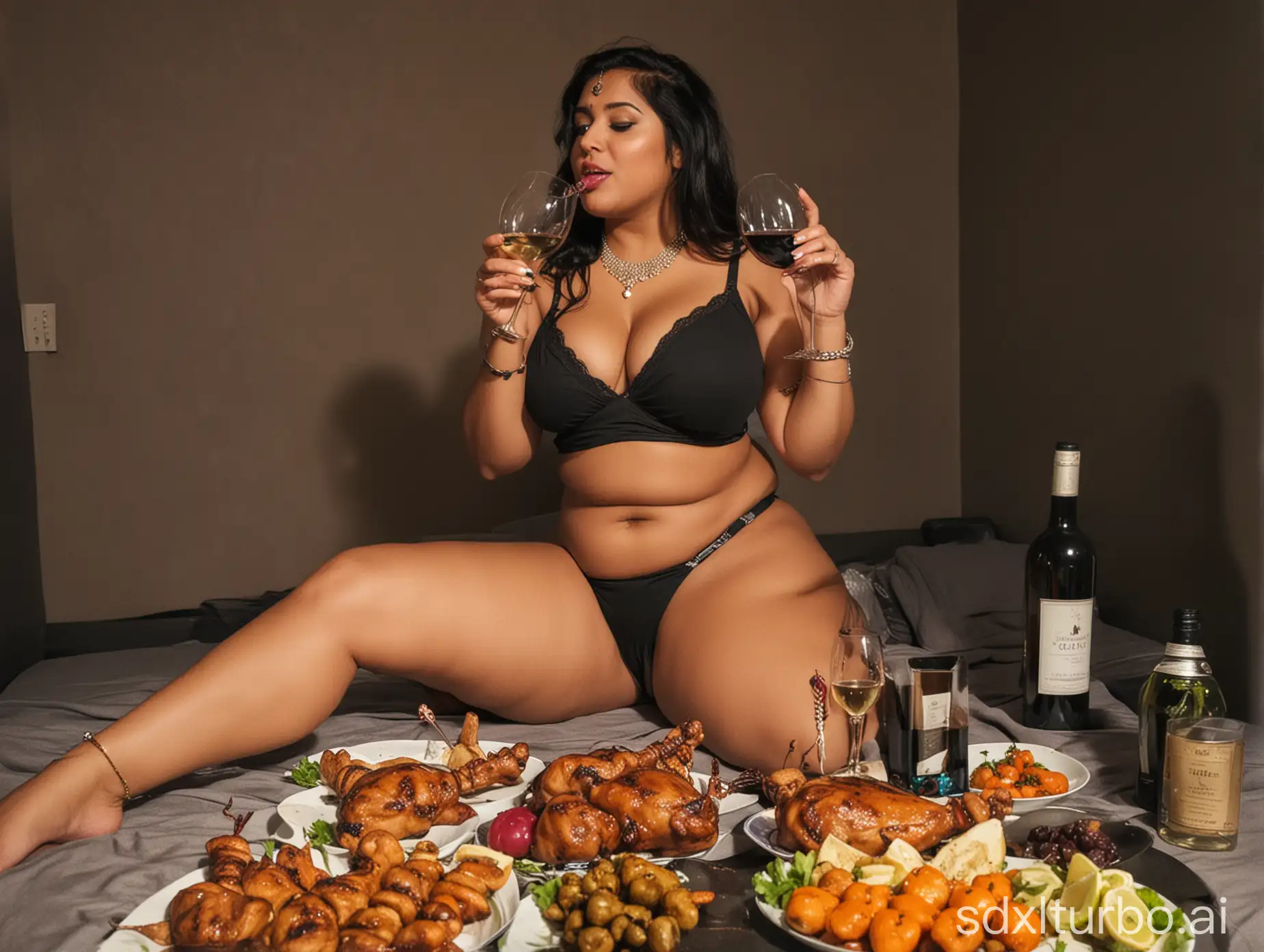 thick woman,indian, thick thighs,goddess, bikini, jewelery,enjoying wine, whole Chicken over an skewer,night