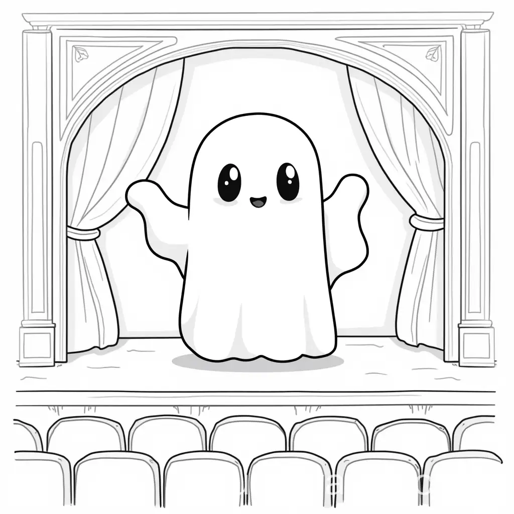 Cartoon-Ghost-Character-on-Theater-Stage-with-Decorative-Wooden-Paneling