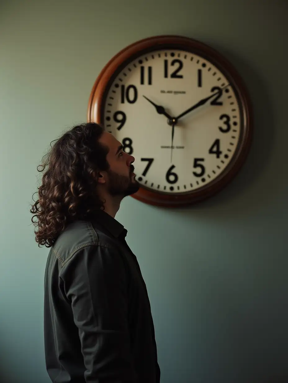 A man with long curly hair looks at the clock on the wall.