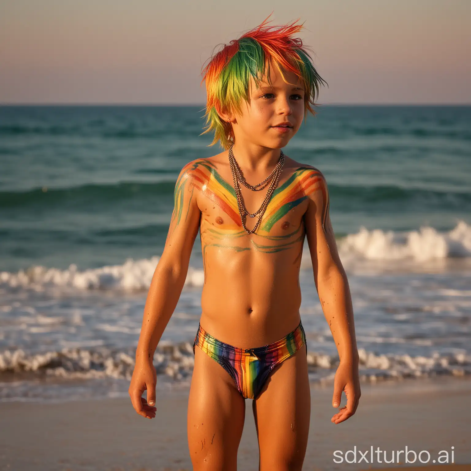 An 8 year old beautiful cute boy at the beach, tight cut rainbow speedos, colourful hair, body painting, necklace, looking and pointing at the ocean, back view, facing away from camera, professional photo, breathtaking view, spectacular sunset, deep shadows