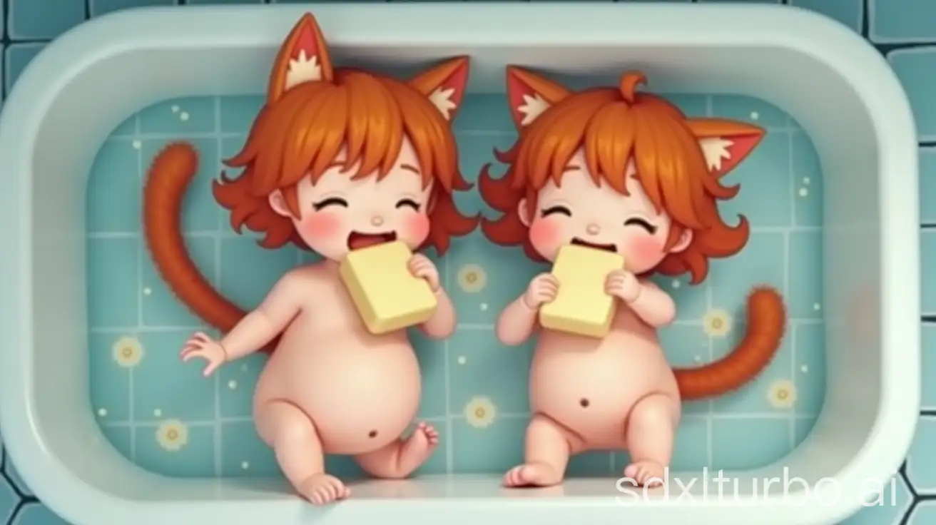 Pregnant-Redhead-Girls-with-Cat-Ears-and-Tails-Biting-Soap-at-Preschool-Bathtub