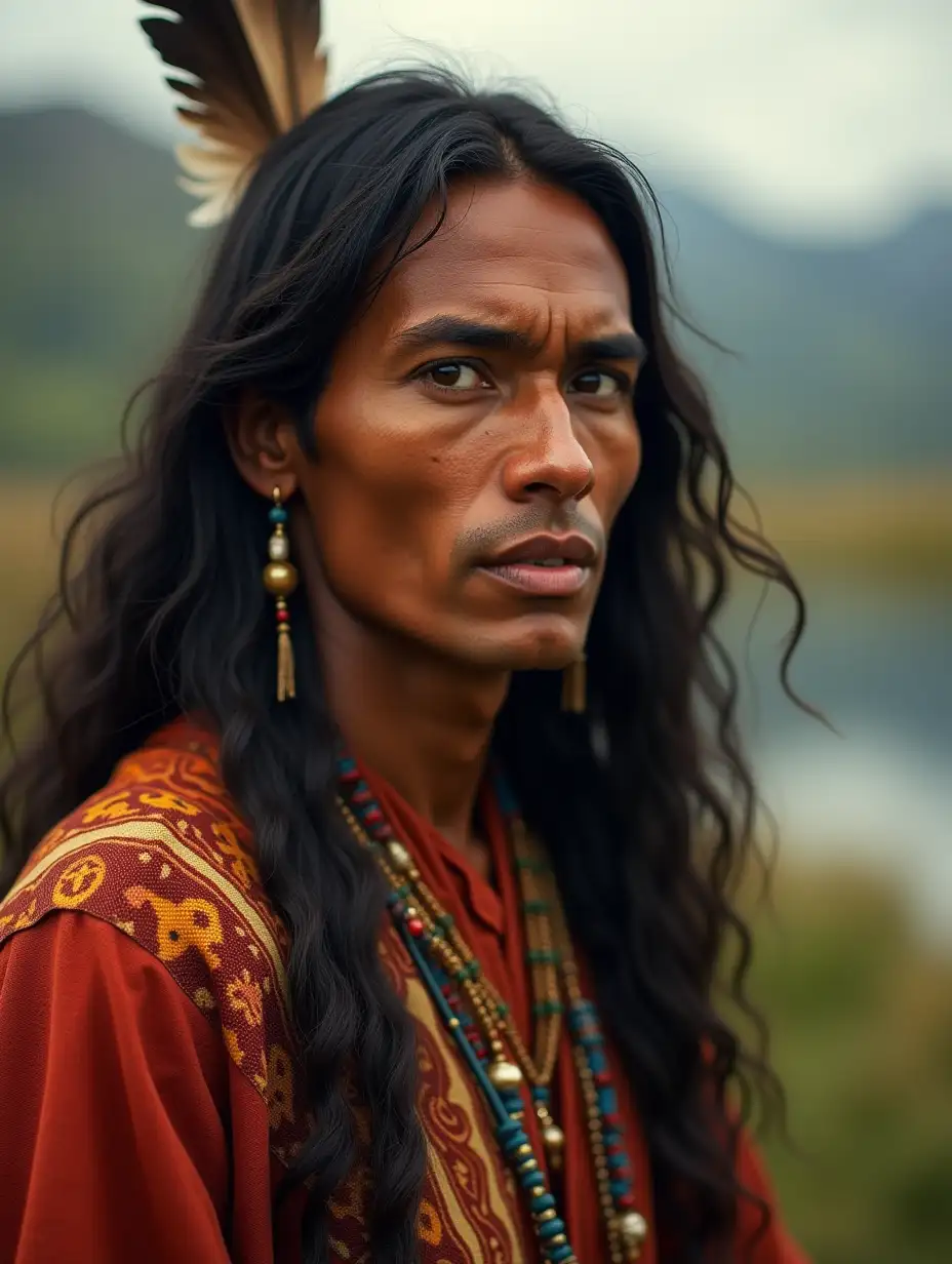 Create a striking portrait of a male Native American musician, capturing his deep connection to his heritage. His facial features are defined by high cheekbones, warm brown skin, and expressive dark eyes that convey passion and wisdom. His hair, long and flowing, is adorned with traditional feathers and beads, reflecting his cultural identity. He wears a vibrant, intricately patterned poncho, hinting at his musical roots. The lighting is soft and warm, casting gentle shadows that enhance the contours of his face, evoking a sense of intimacy. Set against a blurred background of a tranquil natural landscape, the mood is serene yet powerful, embodying the spirit of music. Use a shallow depth of field to focus on his face, shot from a slightly low angle to emphasize his stature. Render in a realistic style, reminiscent of classic portraiture, with attention to detail in textures and colors, creating a timeless and evocative image