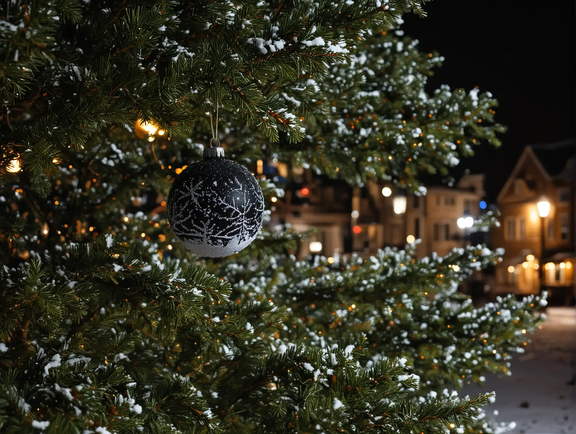 CloseUp-of-Christmas-Tree-Ball-Ornament-in-Snowy-Forest-at-Night