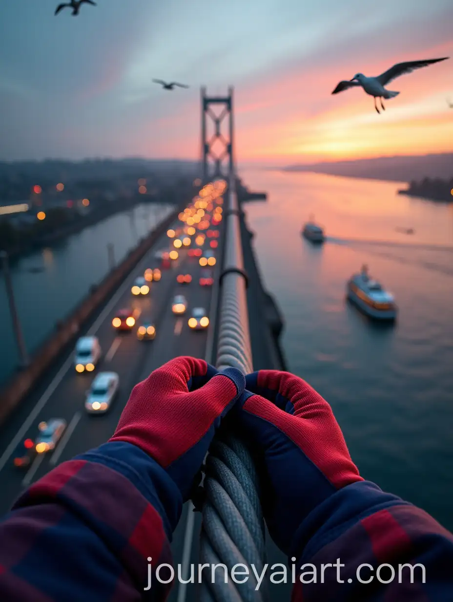 FirstPerson-View-from-Bridge-Tower-at-Sunset-with-Traffic-and-Seagulls