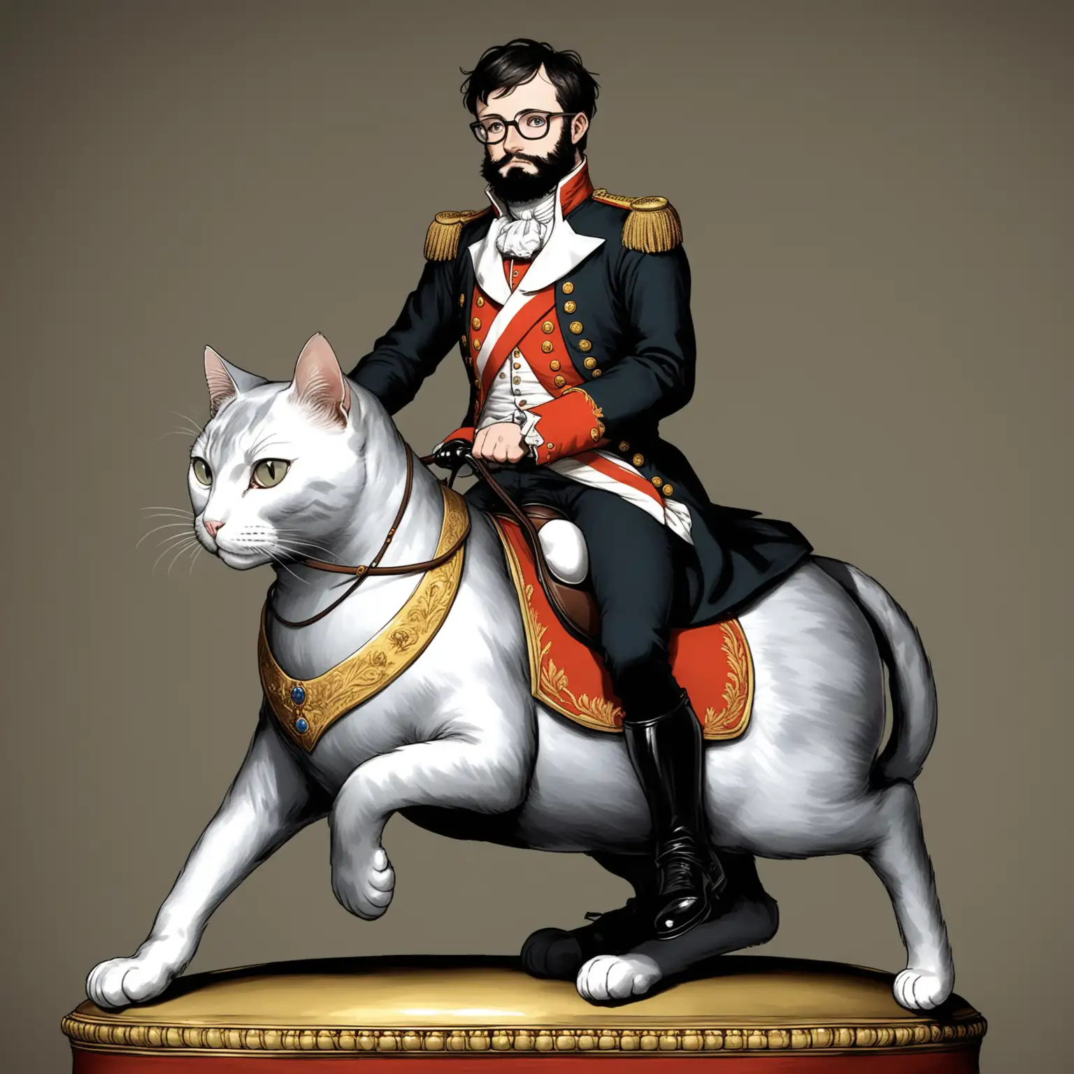 Young white european male with a short black beard and wearing glasses is riding a dark grey colour fat British short hair cat, image it's influenced by napoleon riding a horse, but this time the man is riding the cat