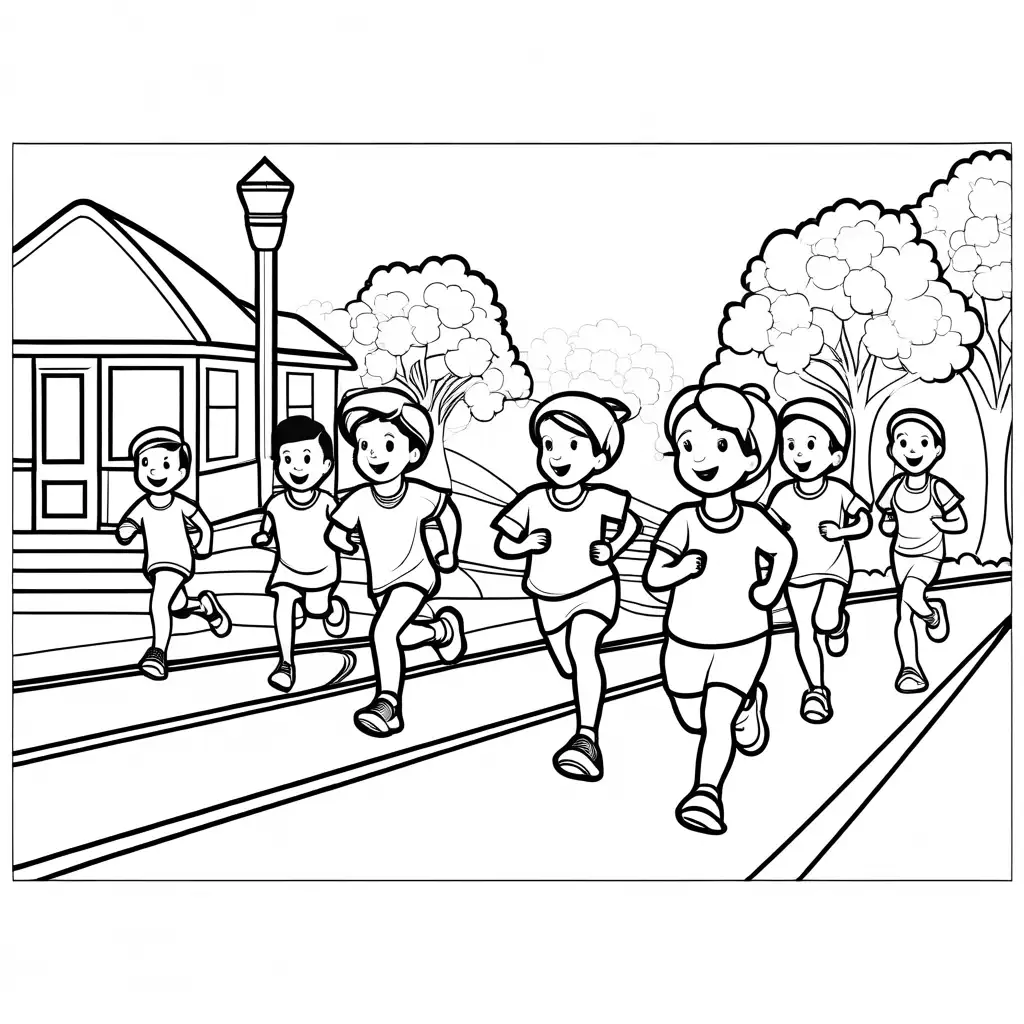 Draw kids fun run event at school, Coloring Page, black and white, line art, white background, Simplicity, Ample White Space. The background of the coloring page is plain white to make it easy for young children to color within the lines. The outlines of all the subjects are easy to distinguish, making it simple for kids to color without too much difficulty