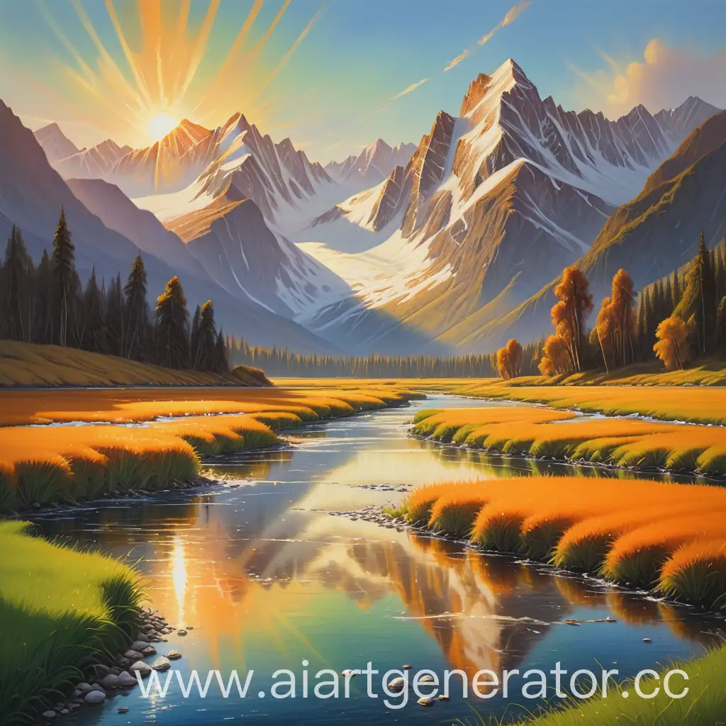  A breathtaking landscape painting of majestic snow-capped mountains bathed in the golden light of a setting sun. The mountains are reflected in a crystal-clear river that winds through a lush valley. The foreground is filled with vibrant green grass . The sky is a mixture of warm oranges and yellows near the horizon, fading to cool blues higher up.