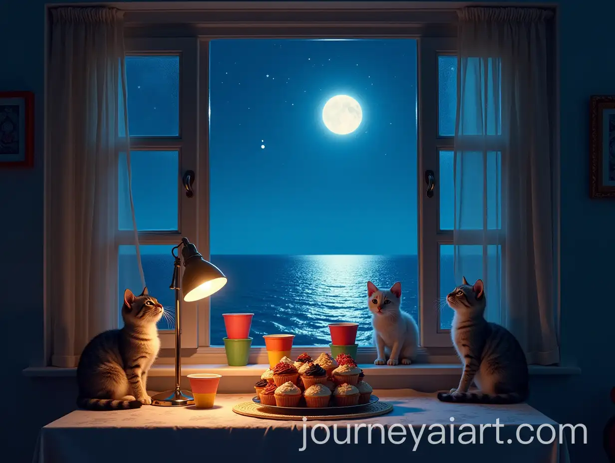 Charming-Mediterranean-Kitchen-with-Moonlit-Sea-View-and-Playful-Kittens