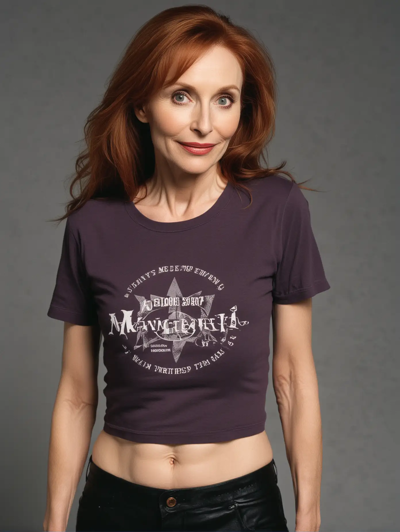 Gates-Mcfadden-Wearing-Tshirt-with-Exposed-Midriff