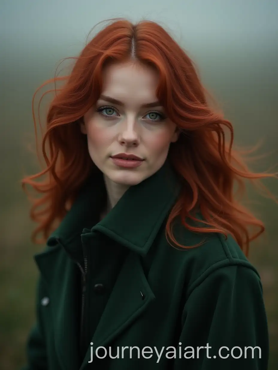 Ethereal-Portrait-of-a-Model-with-Deep-Red-Hair-and-Green-Coat-in-Dreamy-Foggy-Setting