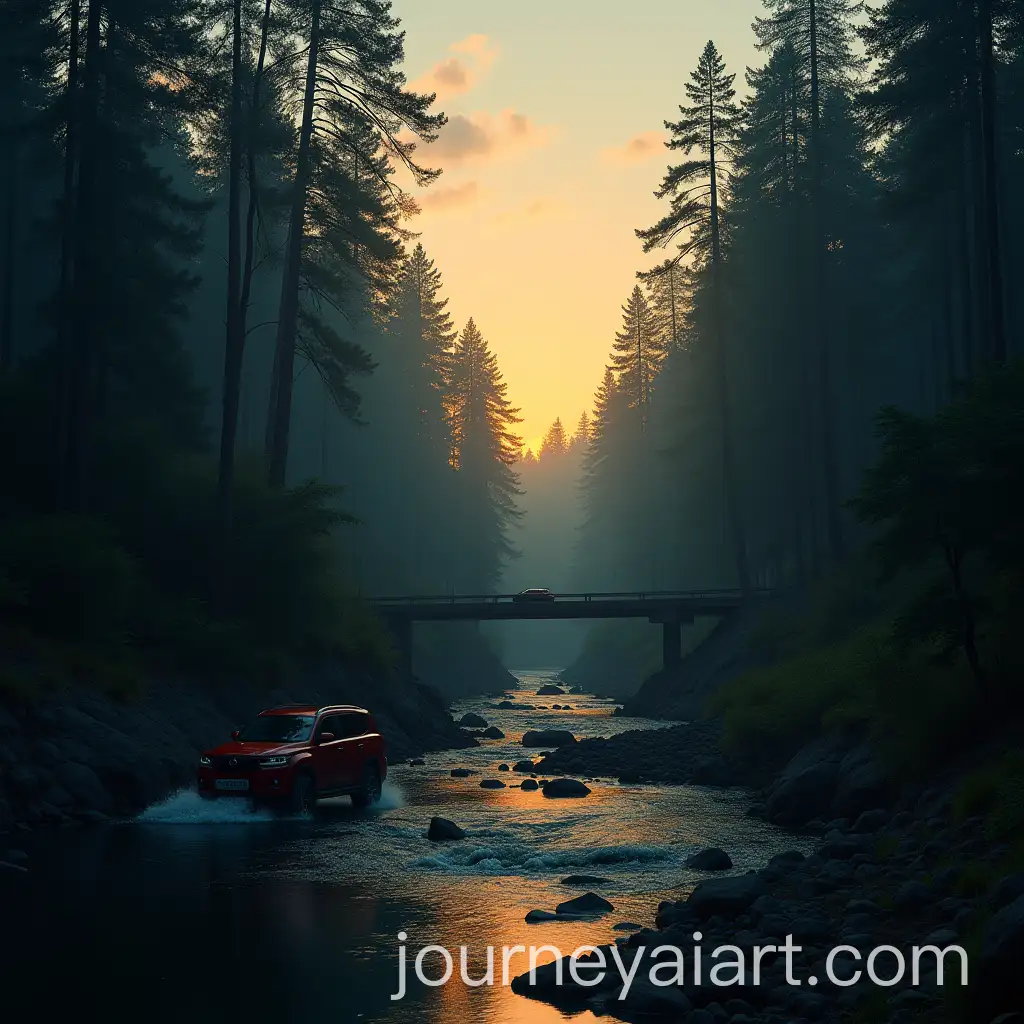Red-Car-Falling-into-a-Ravine-in-a-Forest-Along-the-Highway-at-Dusk