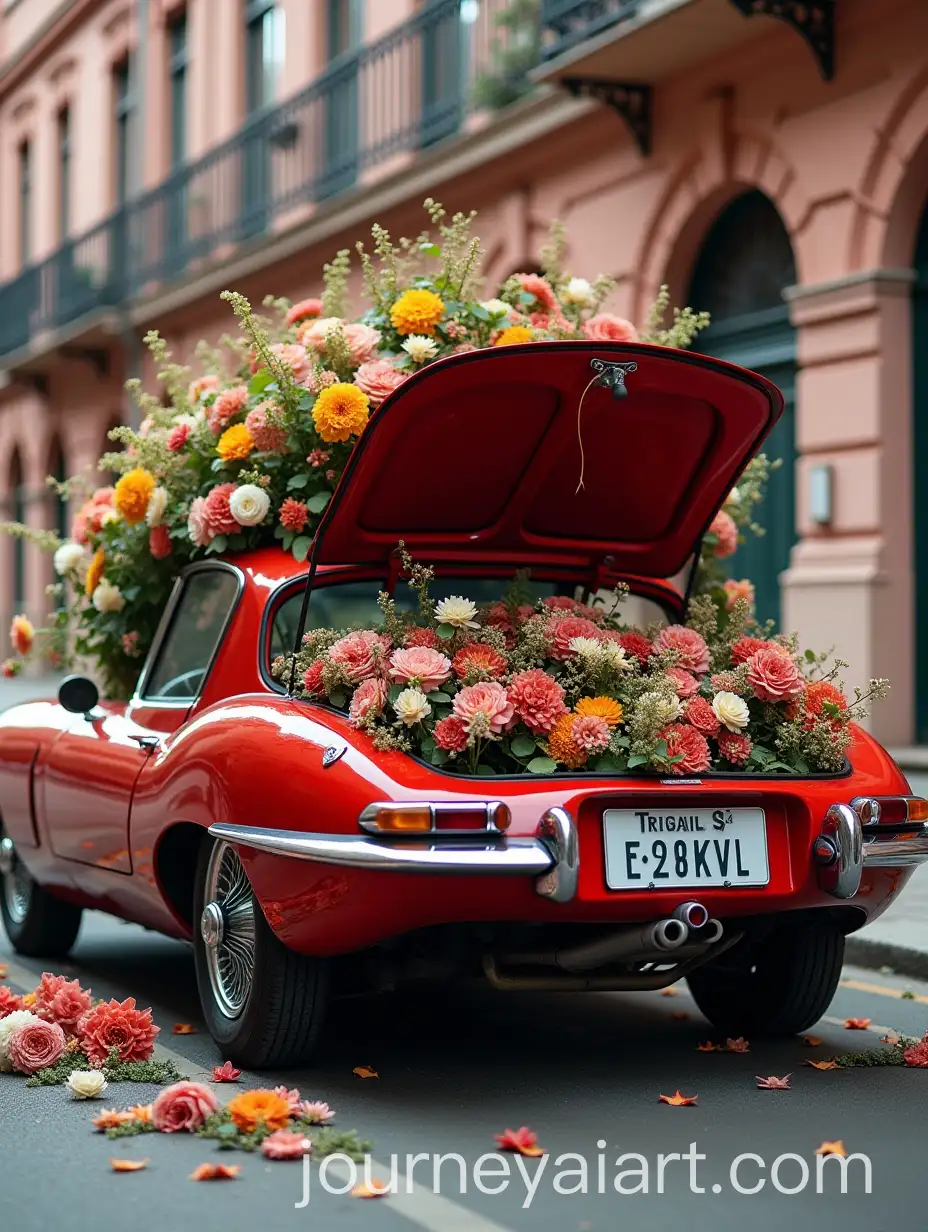 Vintage-Red-Sports-Car-Overflowing-with-Colorful-Flowers-on-City-Street