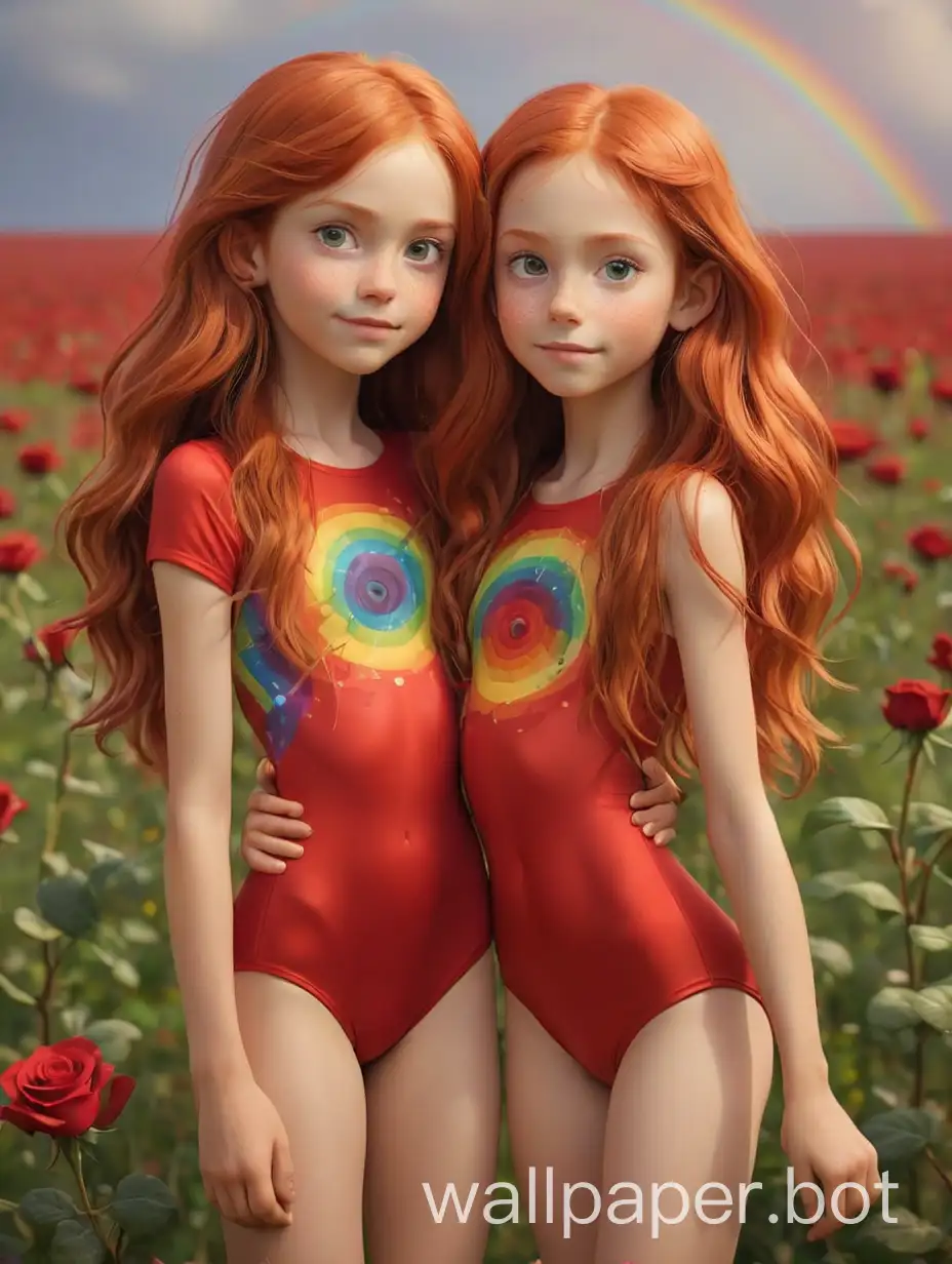 Two cute skinny 11-year-old girls. long red hair in red leotards on an open field with roses and rainbows psychedelic background