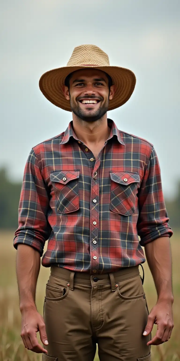 Portrait of Farmer in Checkered Shirt and Straw Hat