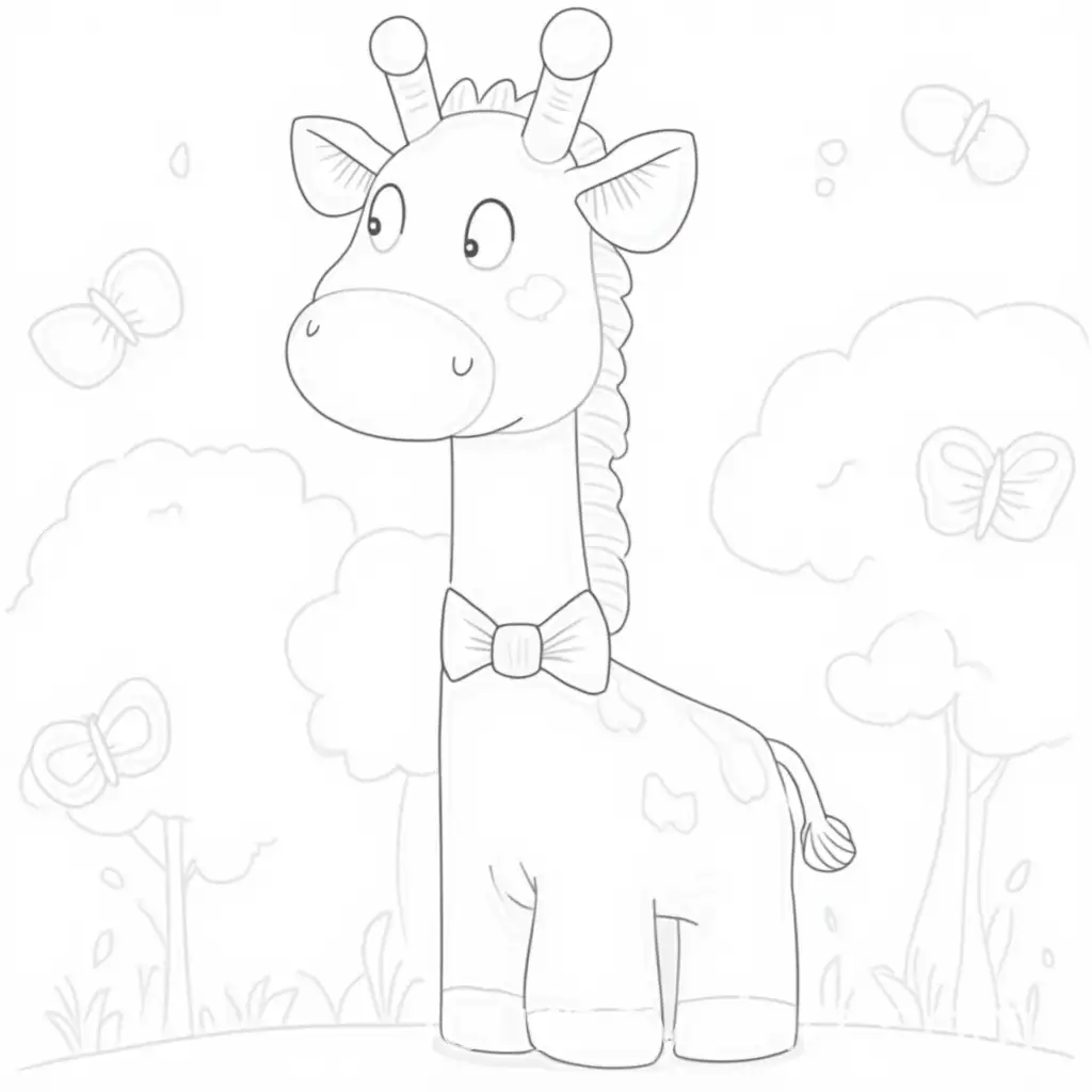 Joyful-Giraffe-with-Bowtie-Surrounded-by-Trees-and-Butterflies-for-Kids-to-Color