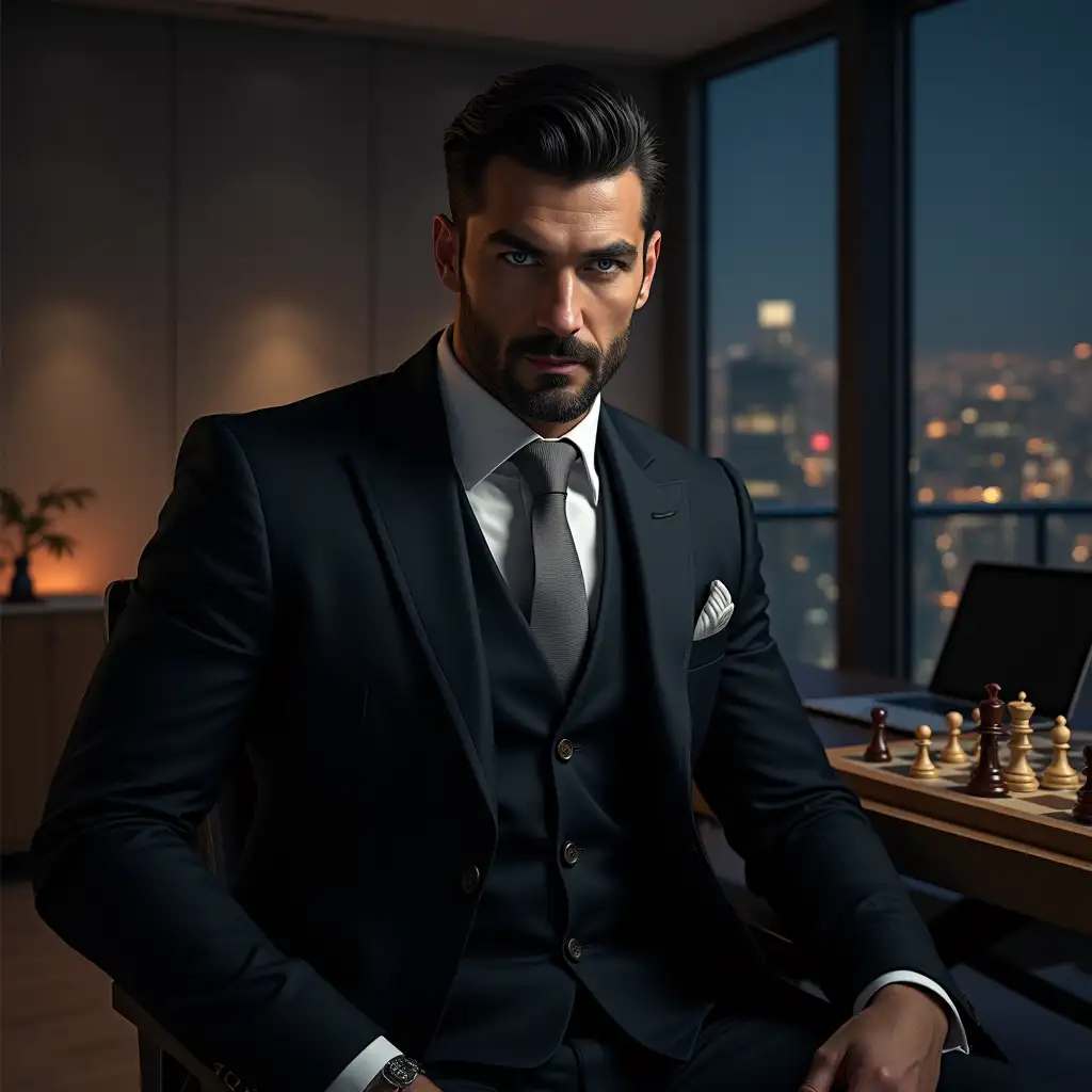 Charismatic-CEO-Portrait-in-Luxurious-Modern-Office-with-Nighttime-City-View