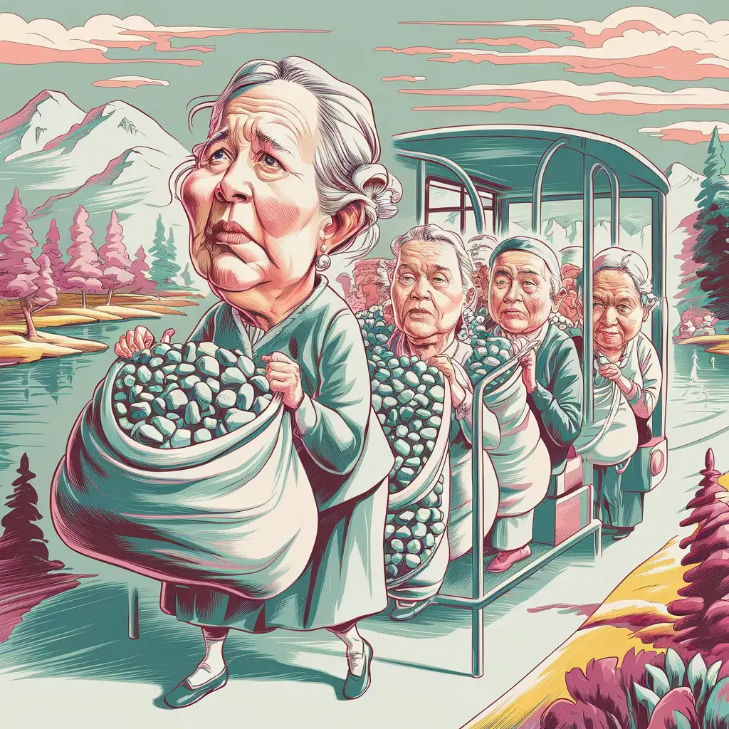 The old women woke up early in the morning, didn't know what to do, so they took a bus ride with big bags of stones. A complex, detailed illustration in the style of a humorous caricature. Clear contours, smooth pastel colors, and surrealism