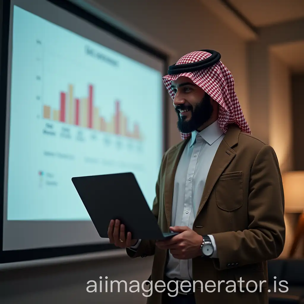 Saudi-Professional-in-Coat-Celebrating-Successful-Project-with-Laptop