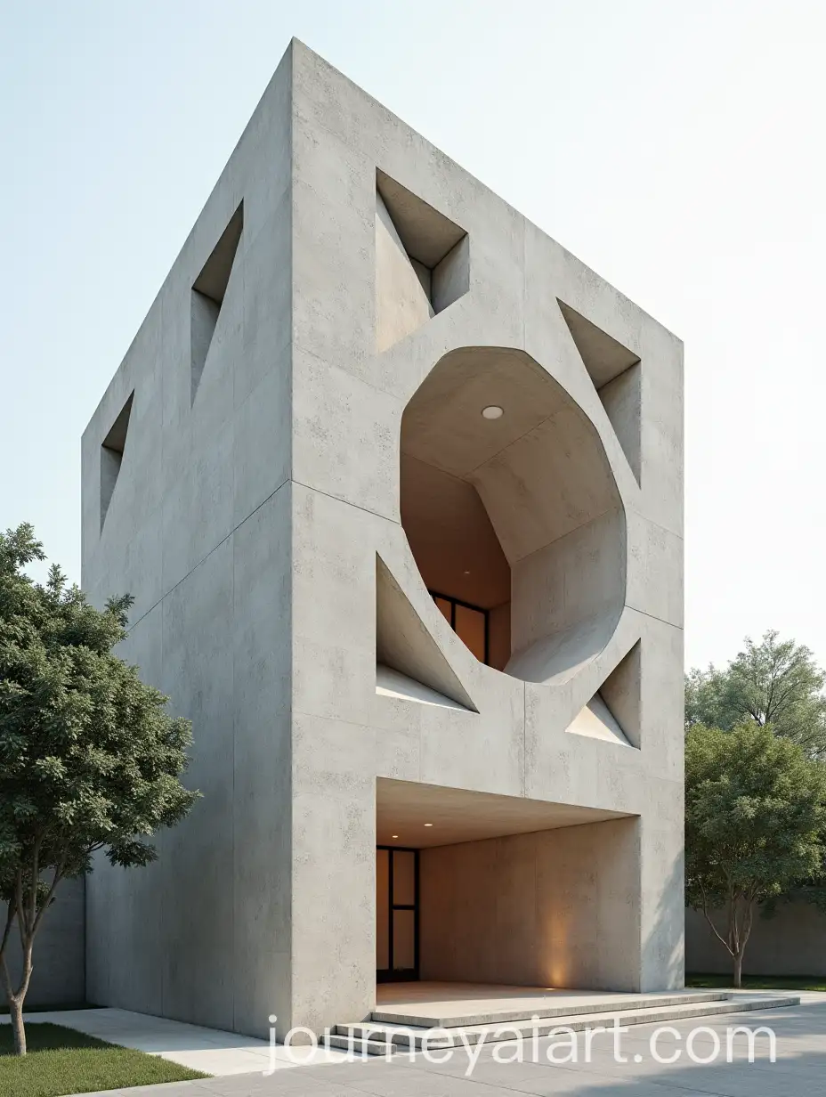Geometric-ShellPatterned-Cubic-Building-Amidst-Lush-Greenery