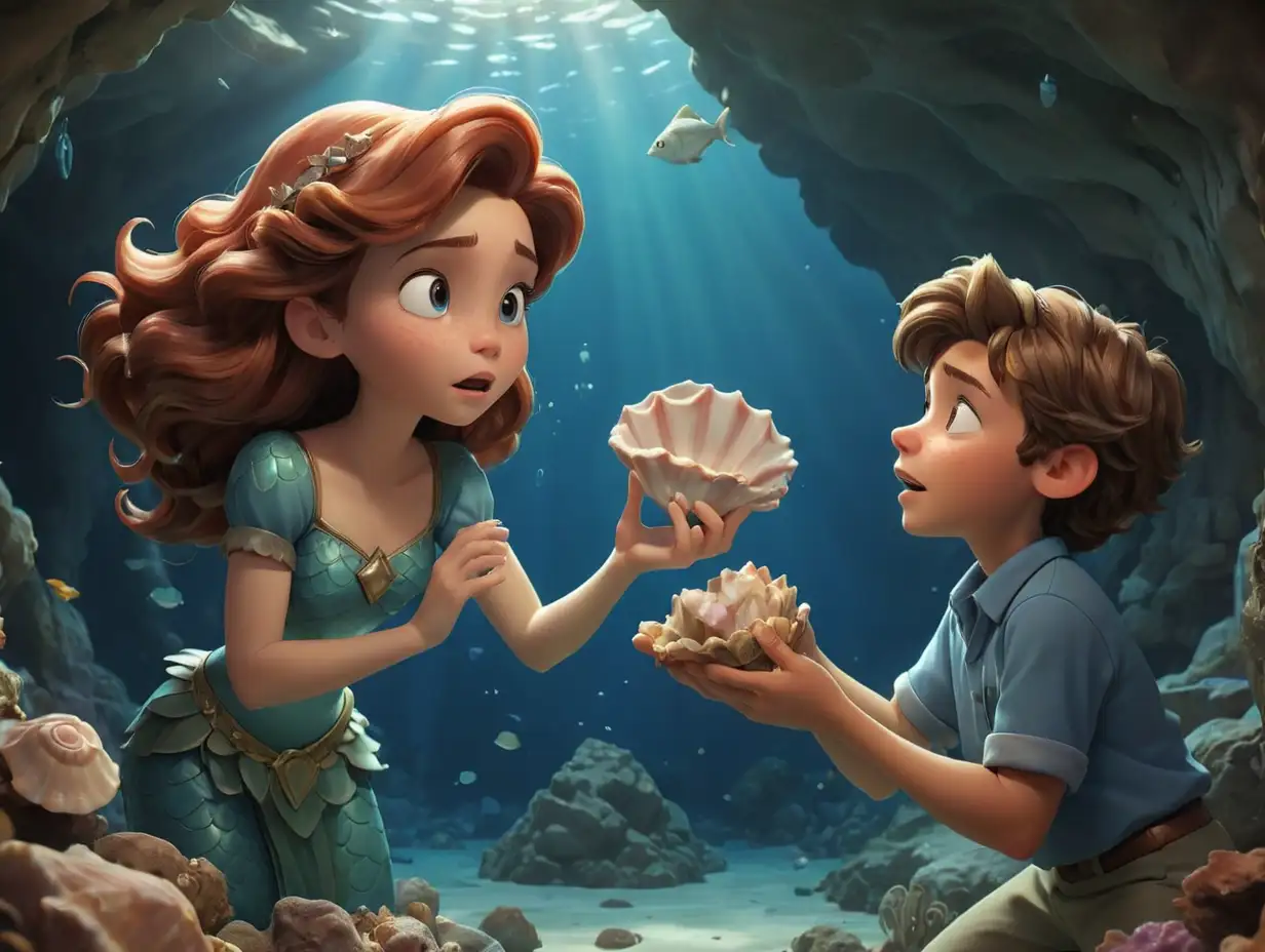 Mermaid-Queen-Giving-Conch-Shell-to-Boy-in-Underwater-Cave