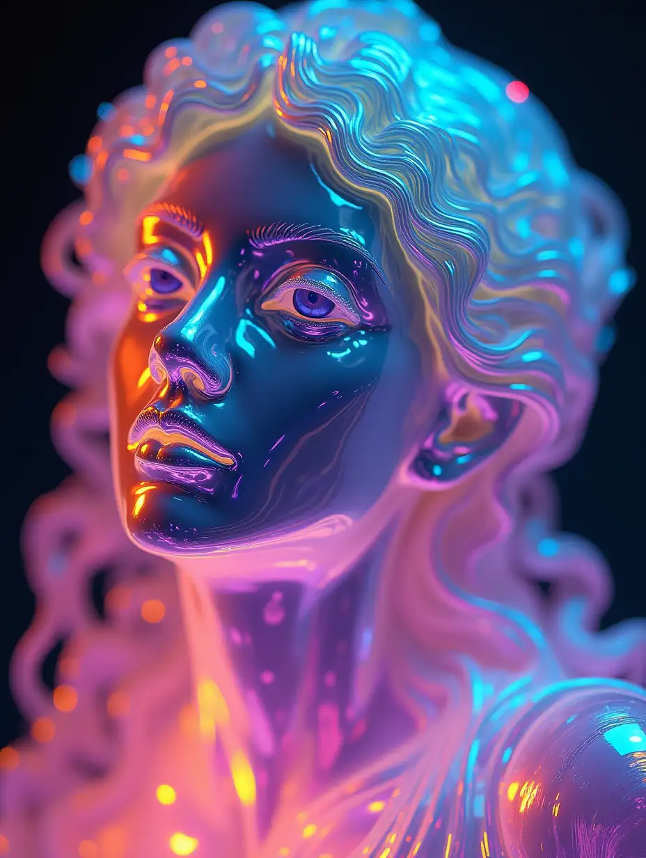 closeup, in a colorful complex magical ethereal world, greek goddess sculpture transparent glass rainbow hue, glowing, neon, translucent, profile picture, avatar,rainbow hue, psychedelic dmt vibe, 3D Sculpt,Glowwave,