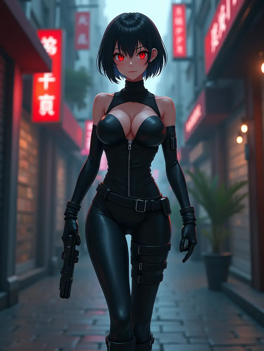 Short hair, mature Asian woman thief cyber runner in a dynamic full-length pose, eyes with red electronic pupils, large breast, extreme skintight body glove zipped down with cleavage, combat boots and combat belt. Full view of her body from boots up, low wide angle. Future store filled city alley street. Anime