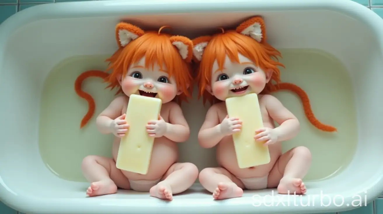 Two-Cute-Pregnant-Redhead-Girls-with-Cat-Ears-and-Tails-in-Preschool-Bathtub